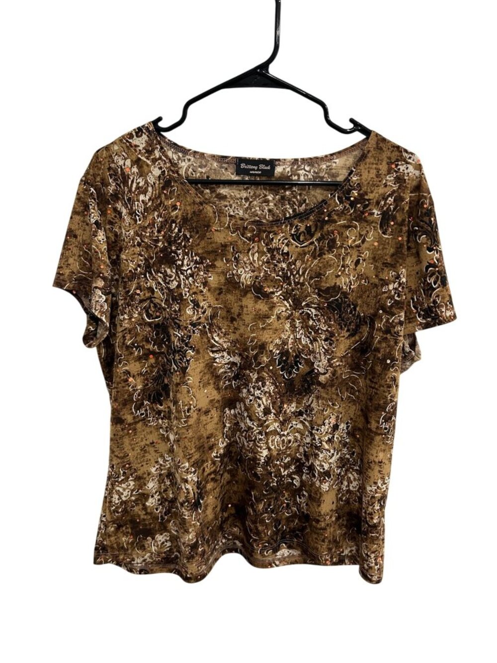 Brittany Black 2X Brown Floral Rhinestone Scoop Neck Top Earth Tones Gardencore